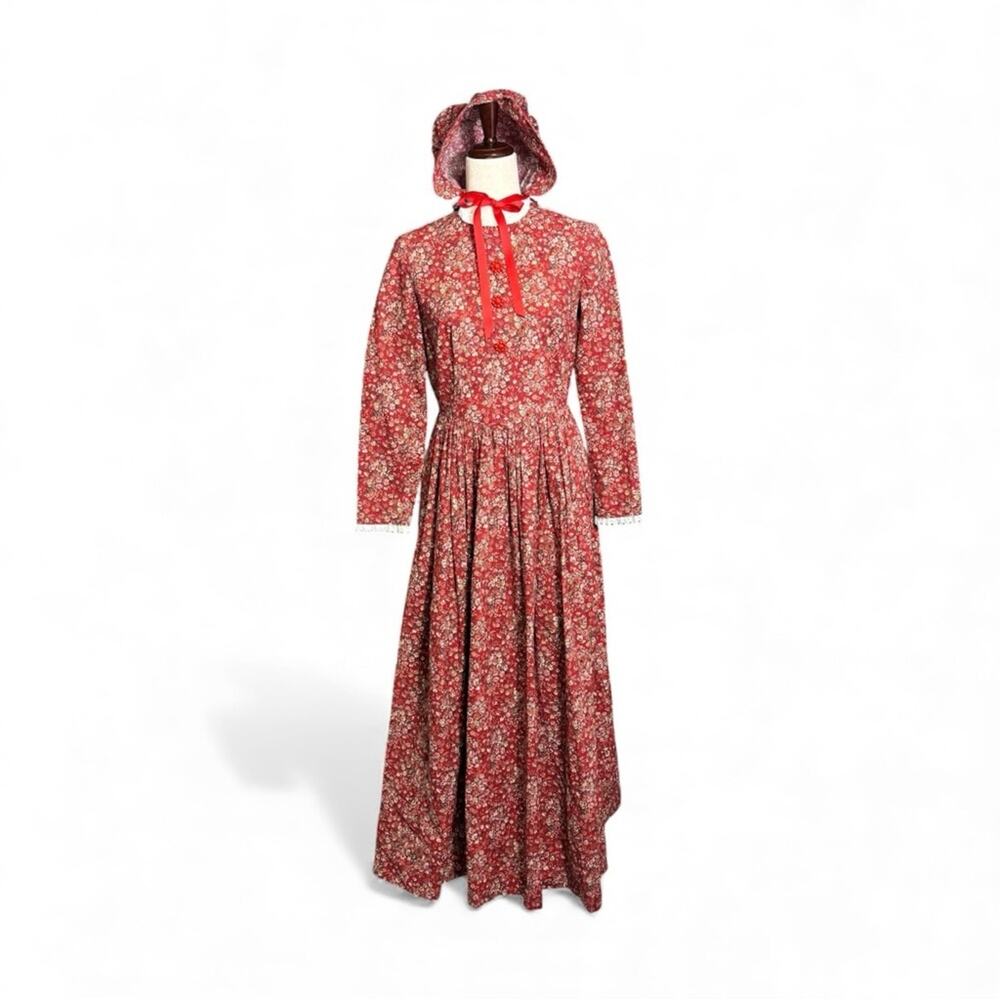 Vintage Prairie Colonial Pioneer Red Floral Dress & Bonnet Handmade Medium T4